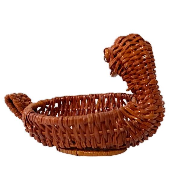 MINI Duck Shaped Wicker Basket Woven Rattan Vintage MCM Brown Wooden Beak Boho. - Picture 7 of 16